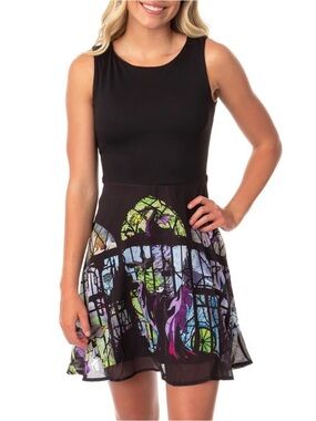 Disney Black Sleeveless Mini Dress with Stained-Glass Print Maleficent
